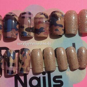 Distressed Beige Shimmmer Camoflage Plaid Short Square Press on Nails